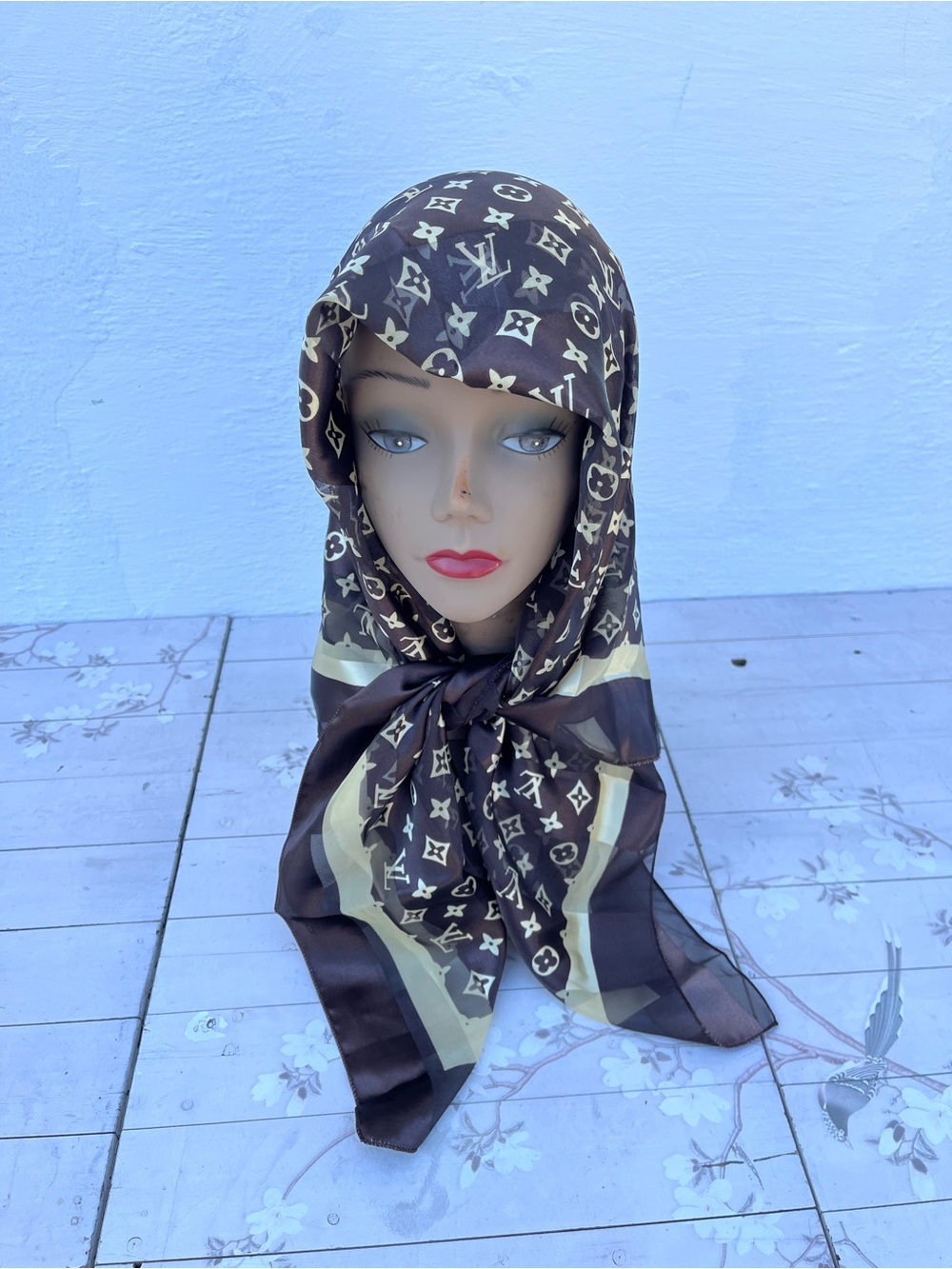 Luxury-Inspired Brown and Cream Logo Print Silk Scarf